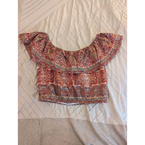 CALYPSO st. Barth silk paisley off shoulder ruffled crop top sz l euc - Picture 2 of 7